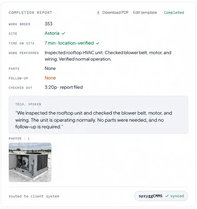 Completion report showing time on site, work performed, parts, follow-up, and a job photo